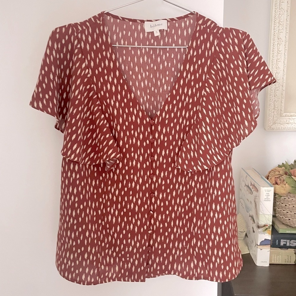 bohme patterned tee blouse shirt button up rust autumn size small NWOT